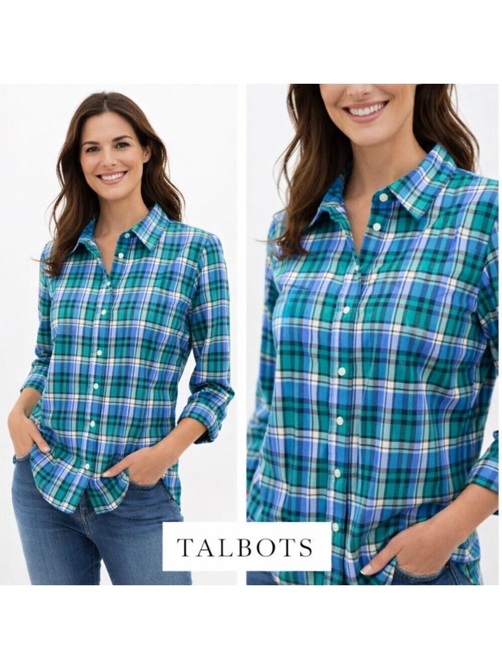 Talbots Blue Plaid button down shirt medium Preppy Cottagecore Casual Weekend